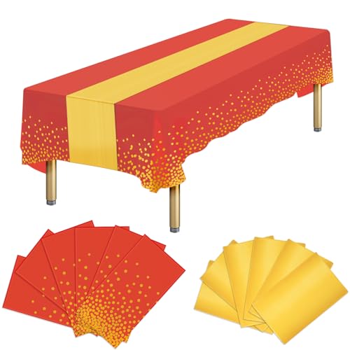 12 Packs Disposable Tablecloth Rectangular and Satin Table Runner, Red Gold