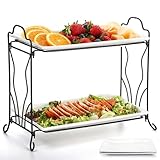 Goaste 2 Tier Serving Stand and Platters Set, 12 Inch Porcelain Serving Trays, Tiered Food Display Tower with Metal Rack, Rectangular White Serving Dishes for Veggie, Fruit, Cookies, Dessert, Cupcakes