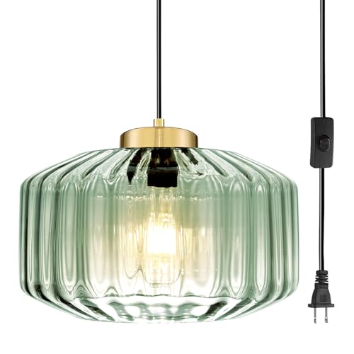 Image of Mint Green Plug in Pendant Light, Adjustable Hanging Light with Plug in Cord On /Off Switch, Striped Glass Chandelier for Bedroom, Kitchen Island, Dining Room