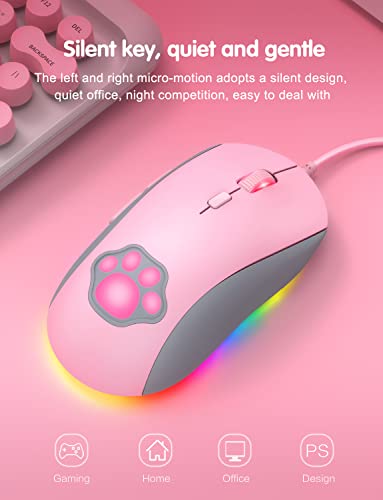 PHNIXGAM Cat Paw RGB Gaming Mouse, Silent Optical Computer Mice USB Wired with 6 Adjustable DPI Up to 7200, RGB Lighting, 6 Programmable Buttons for Windows/Vista/Linux (Pink) - Image 7