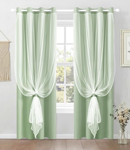 Image of 100% Blackout Curtains with Sheer Overlay, Sage, 52 x 84 inch, 2 Panels | For Bedroom Living Room Window, Room Darkening, Thermal Insulated, Grommet Top, Summer Heat Blocking, Double Layer Design