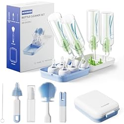 WONDBORN Bottle Brush Set, 9-in-1 Bottle Cleaner Kit, Includes Bent Neck Bottle Brush, Nipple Cleaning Brush, Straw Brush, Soap Dispenser, Pry Tool, Storage Case & Drying Rack, Baby Travel Essentials