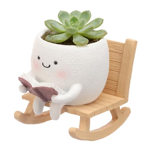 Rocking Chair Face Planter with Drainage Hole, Cute Resin Flower Head Planter, Resin Succulent Pot for Indoor Outdoor Plants, Funny Home Decoration (Style 2)