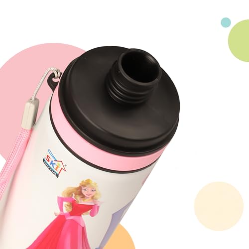 Image of SKi Homeware ALIA Premium Stainless Steel Sipper Bottle for Kids | 3D Disney Touch & Feel Print | Wide Mouth + Sipper | BPA-Free, Odorless | 900ml | Leak-Proof | Carrying Sling (Princess)