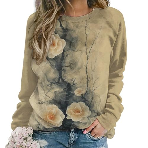 DMOYALA Womens Floral Sweatshirts Flower Rose Yellow 3D Graphic Printed Long Sleeve Pullover Shirts 2024 Fall Fashion Y2K Trendy Tunic Tops for Girls