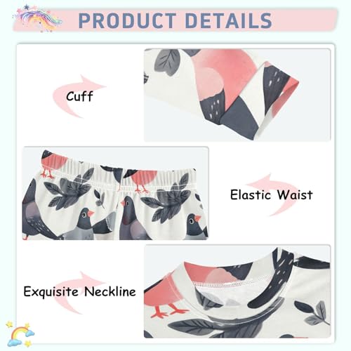 Pajama Sets Long Sleeve Birds Leaves Pattern Print Soft Comfy Sleepwear 2 Piece PJS 3-8T4