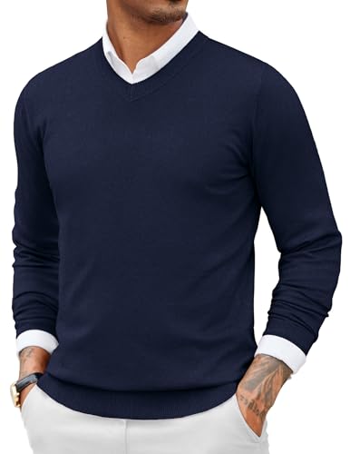 COOFANDY Men's Fitted Sweater V Neck Ribbed Fashion Long Sleeve Winter Pullover Blue