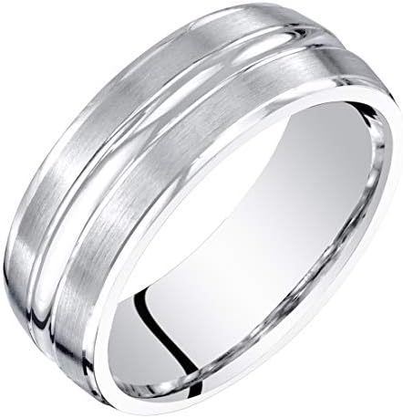 Peora Men's 7mm 14K White Gold Wedding Ring Band, Brushed Matte with Polished Grooves, Comfort Fit Size 13