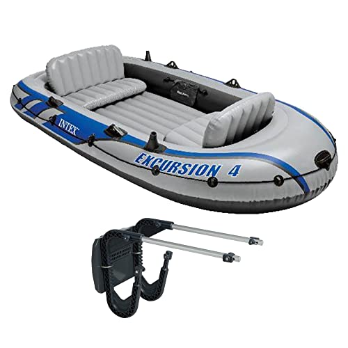 Intex Excursion 4 Inflatable 4 Person Fishing Boat Raft Set with Motor Mount Kit for Rivers and Lakes (Motor Not Included)