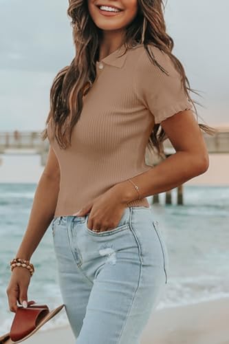 Image of Womens Short Sleeve Sweater Tops V Neck Button Collared Ribbed Knit Pullover Shirt Slim Cropped Fall Blouse Tee