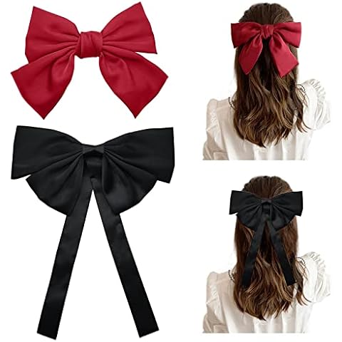Hair Bow Clips Large, Black Bow Hair Clips Hair Barrettes Bowknot Hair Scrunchies Red Satin Ribbon Hair Pins Bow Clips Long Tail Headpieces for Women Girls(2Pcs) Cover