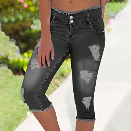 Skinny Capri Jeans for Women Low Rise Cropped Stretchy Ripped Jeans Raw Hem Distressed Denim Jeggings with Pockets2