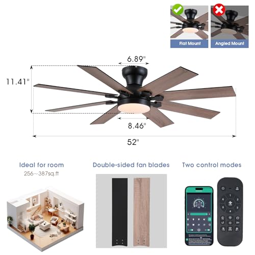 Image of 52 inch8-Blade Black Modern Low Profile Ceiling Fans with Lights and Remote /APP | Supports Remote and APP,6 Wind Speeds, Reversible, Dimmable 3CCT LED Light, 30W Quiet DC Motor,2H Timer,8 Double-Sided Blades