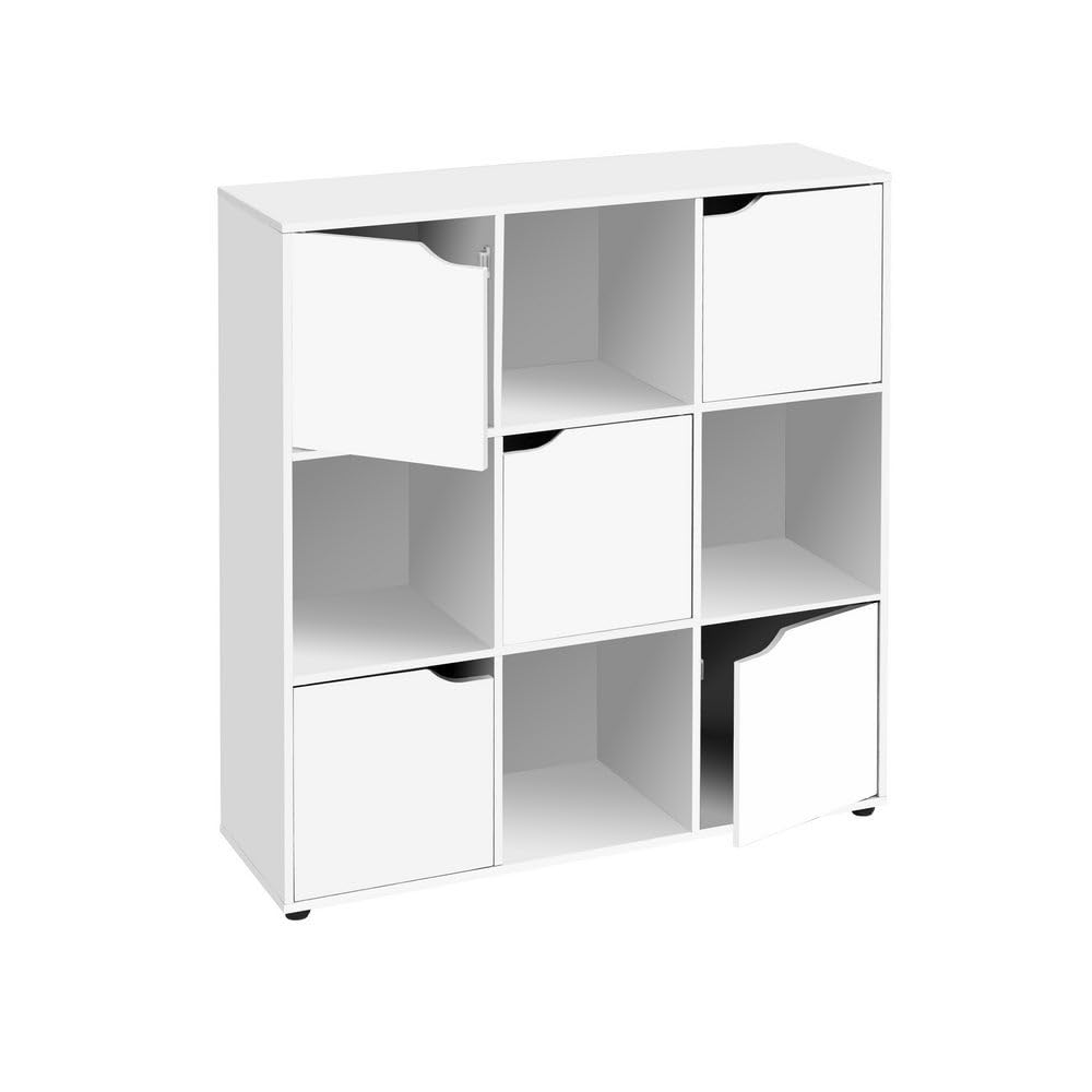 Estantería Cubo con 9 estantes y 5 puertas color blanco de 90x90x29 cm | Mueble de almacenaje compacto de tablero laminado de 12mm con puertas y huecos abiertos para dormitorio, salón o despacho