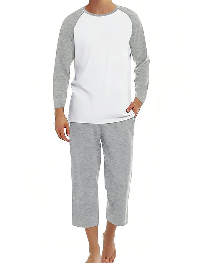 Uomo Pigiama a Blocchi di Colori Set Due Pezzi con Girocollo Tshirt a Maniche Lunghe e Plaid/Tinta Unita Pantaloni Morbido Traspirante Pigiameria Casual per la Casa