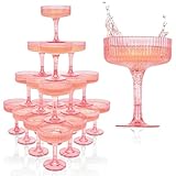 Ksestor PLASTIC Champagne Tower – Plastic Coupe Glasses, 21-Piece 7oz Champagne Tower Glasses Set for Weddings, Parties & Hosting – Pink