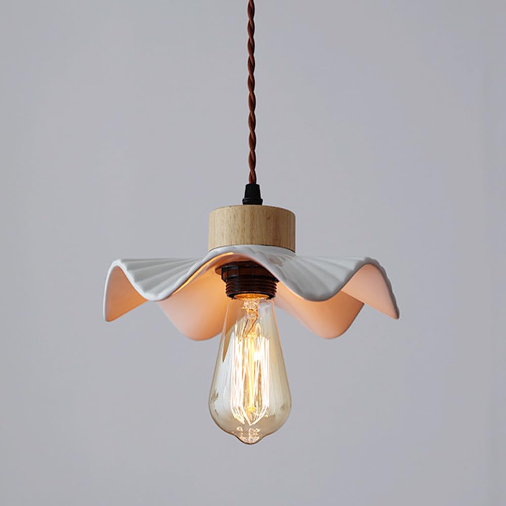 KXEcoLife Wood Pendant Light Ceramic Hanging Lamp Nordic White Kitchen Island Lighting Ceiling Lamps for Living Dining Room Bedroom Cafe Bar