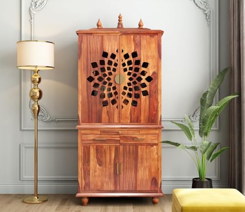 Image of Wooden Temple for Home | Big Pooja Mandir, Puja Ghar with 2 Drawer Storage, 4 Door Cabinet & Dhoop Batti Slider Stand | Solid Wood Sheesham Temple | Big puja mandir (G-Hony)