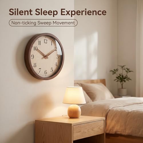 Image of Topkey 12 Inch Silent Wall Clock with Wooden Hour and Minute Hands - Round Wood-Like Frame & White Dial for Home Office Kitchen Decor - Wooden Brown