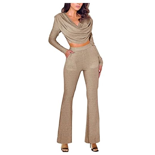 Annystore Women's 2 Piece Outfits Long Sleeve Ruched Sparkly Glitter Bodycon Cowl Neck Crop Top and High Waisted Flare Pants Casual Set Suit Gold L