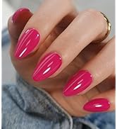 Morily Short Fake Press on Nails Almond with Designs, Hot Pink Acrylic Thick Stick on False Nail ...