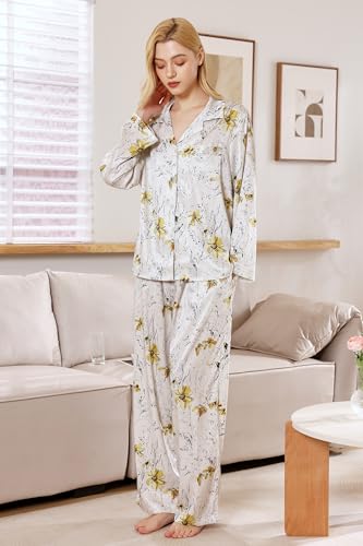 Image of YiNi LuLu Womens Silk Satin Pajamas Set Button Down 2 Piece Pjs Long Sleeve Oversized Sleepwear with Pockets