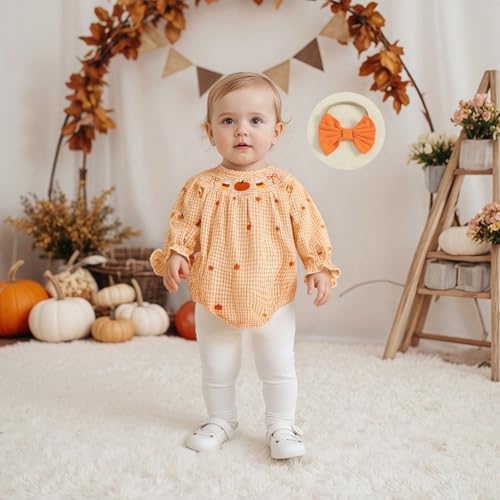 Newborn Infant Baby Girl Halloween Outfit Clothes Smocked Pumpkin Ghost Embroidery Romper Plaid Bubble Bodysuit3