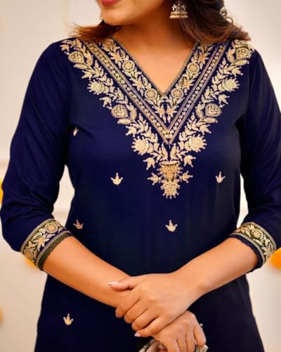 Image of Women Afghani Viscose Rayon Kurta Pant Dupatta Set with Embroidered Neck Work and Floral Print Organza Dupatta | Ethnic Straight Suit Set