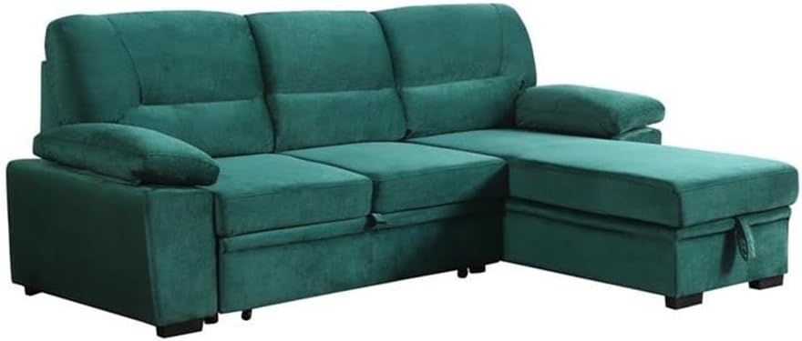 BOWERY HILL Reversible Sleeper Sectional Sofa, Green Velvet Fabric, Pull-Out Bed, Storage Chaise, Tufted Back, Padded Armrests, Compact Design, Black Plastic Legs, 76.5 x 53 in, Living Room Furniture