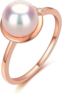 18K Rose Gold Women's Natural Akoya Pearl Ring Engagement Wedding Band With Diamonds