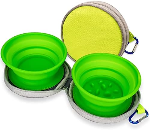 Collapsible Dog Bowls Set for Food and Water Feeding Portable Travel Pet Foldable Silicone Puppy Bowl Zip Up Oxford Cloth Carry Case with Carabiner Clip for Traveling, Hiking, Camping