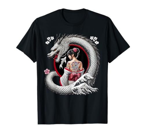 REIGNWARE Camiseta Unisex-Adultos Arte Geisha y Dragón Tatuaje Diseño Dibujos Animados Manga de Doble Puntada Pequeño Negro