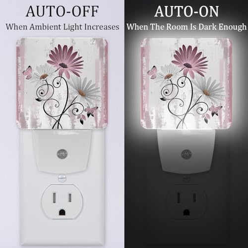 Image of Farmhouse Pink Daisy Butterfly on Country Wooden Night Light [2 Pack], Plug in Wall Led Night Lights Decor for Boys Girls Room, Dusk to Dawn Sensor Wall Lamp for Stairway /Bedroom /Kitchen /Nursery Room
