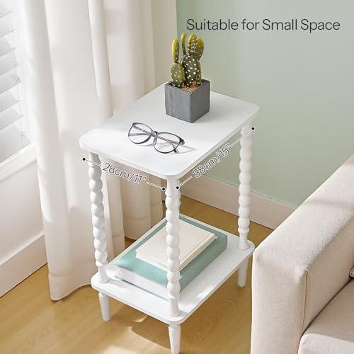 Image of HOOBRO End Table, 2-Tier Small Side Table with Spindle Legs, Nightstand with Storage Shelves, Sofa Side Table, for Small Space, Living Room, Bedroom, White WT189BZ01