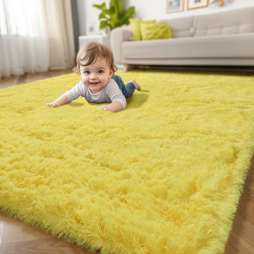 Amdrebio Yellow Area Rug for Bedroom Living Room, 5x7 Fluffy Fuzzy Plush Rugs for Kids Room Decor Aesthetic, Cute Furry Shag Kawaii Carpet for Playroom Classroom Nursery Teen Girls Boys Baby Toddler