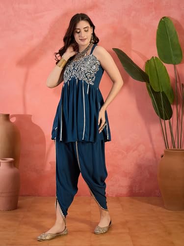 Image of Stylum Women's Solid & Embroidered Rayon A-Line Kurti Dhoti Pant Set