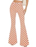Odefou Bell Bottom Jeans for Women High Waisted Stretch Plaid Flare Jeans Bootcut Pants(Orange Checkered,10)