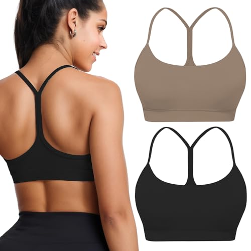Image of Buauty 2 Packs Y Back Sports Bra for Women, Low Impact Padded Racerback Spaghetti Strap Bras, Workout Yoga Tops