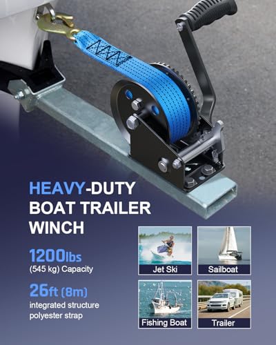 Image of Kolvoii 1200 lbs Boat Trailer Winch with Strap, Portable Hand Winch, 2-Way Ratchet 4:1 Gear Ratio for Boat, Trailer, Marine and Jet Ski, 26FT Strap, Blue