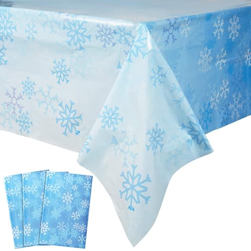 Image of BLUE PANDA 3 Pack Blue Snowflake Plastic Tablecloths for Christmas Party Supplies, 108 x 54 inch Rectangular Xmas Winter Holiday Snowy Table Covers, Fun Festive Christmas Party Decorations