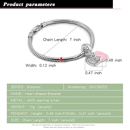 Dankadi 925 Sterling Silver Bracelet Women Teen Girl Lobster Clasp Snake Chain Pink Heart Bangle 6.3 "6.7" 7 "7.5" 8 "8.5" 9" Charm Jewelry Gift For Wife Her (Silver, 9 Inches) #TOP5