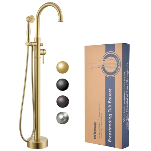 Free Standing Tub Faucet Wintap Classic Freestanding Bathtub Faucet with Sprayer Brass Elegant Floor Mount Bath Faucets High Flow Roman Tub Filler Brushed Gold WT-3311BG