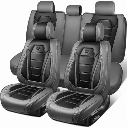Image of CAR PASS Nappa Leather Car Seat Covers Full Set Faux Leather, Black Gray | Luxury Nappa Leather,360 Full Protection,Water resistant,3D Foam Comfort,Universal Fit for Most Cars SUV Truck,Scratch proof