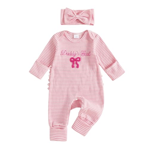 Baby Girl Winter Clothes Newborn Going Coming Home Outfit Ruffle Mitten Sweater Romper Cute Knitted Jumpsuit (Daddys Girk Bow Pink, 0-3 Months)