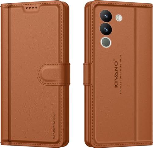 Image of KIVANO LUXE Compatible for Vivo Y200 5G Luxury Handmade Leather Magnetic Flip Folio Case | Card Holder & Kickstand | Slim Protective Cover | Unisex - Brown