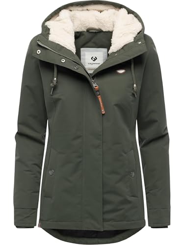 Ragwear Damen Kurzmantel warme wasserdichte Winterjacke mit kuscheliger verstellbarer Kapuze Alvena YOUMODO Dark Olive Gr. M