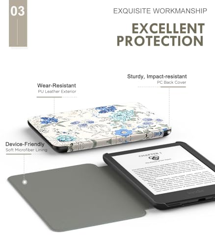 MoKo Case Fits 6" All-New Kindle (11th Generation-2024/2022 Release)& International Version, Lightweight Shell Cover with Auto Wake/Sleep for 11th Gen E-Reader, White Blue Floral