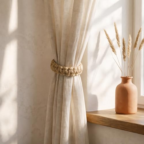 CHUQING Vorhang Raffhalter 4er Set Boho Gardinen Raffhalter für Vorhänge aus Seil Gardinenzubehör für Vintage Vorhänge Natur