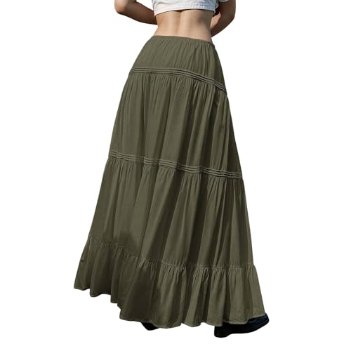 Summer Skirts for Women Trendy Drawstring Waisted Flowy Tiered Linen Maxi Skirt Pleated Ruffled A-Line Long Skirts3
