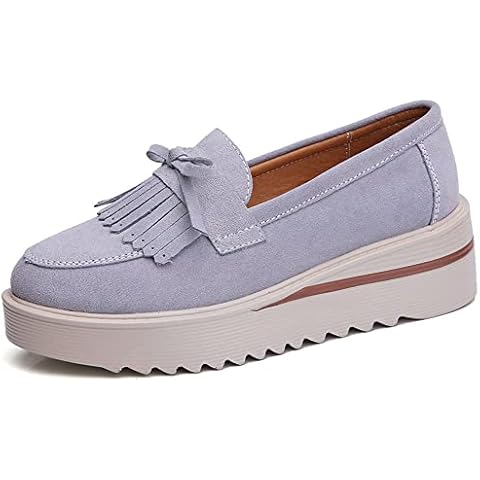 YING LAN Women Platform Slip On Loafers Comfort Suede Moccasins Wide Low Top Wedge Casual Shoes Gray Cover